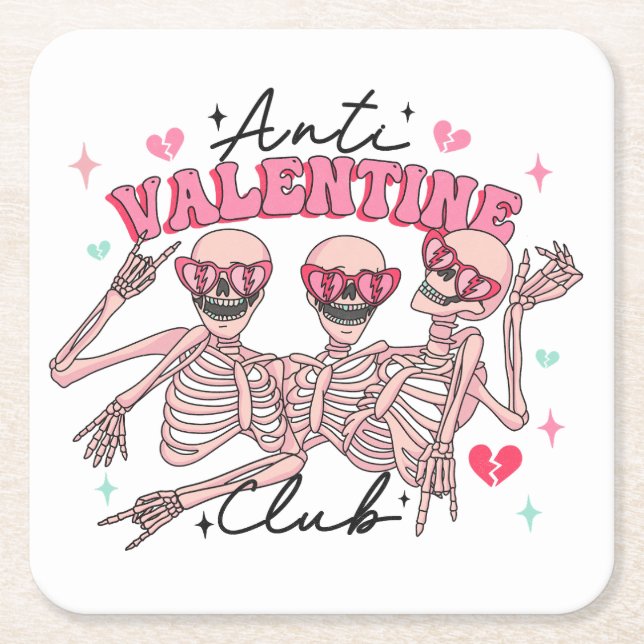 Anti Valentines Day Skeletons  Square Paper Coaster (Front)