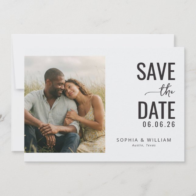 Anticipatory Beige Minimalist Photo Save The Date (Front)