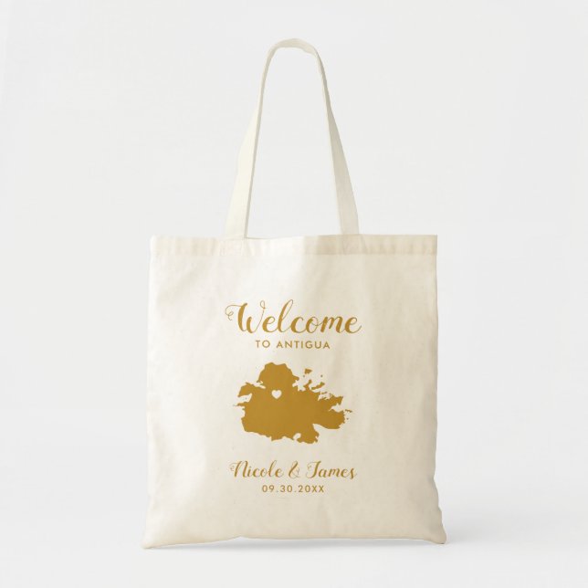 Antigua Map Wedding Welcome Bag, Gold Tote Bag (Front)