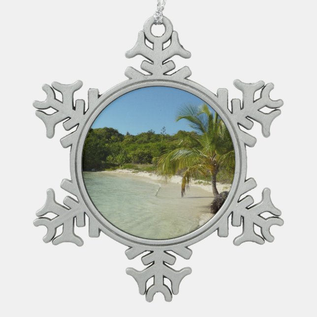 Antiguan Beach Beautiful Tropical Landscape Snowflake Pewter Christmas Ornament (Front)