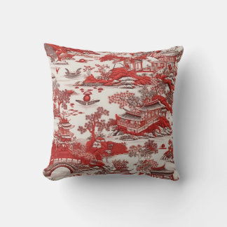 Antik Ming China Blue and Red Chinoiserie Throw Pillow