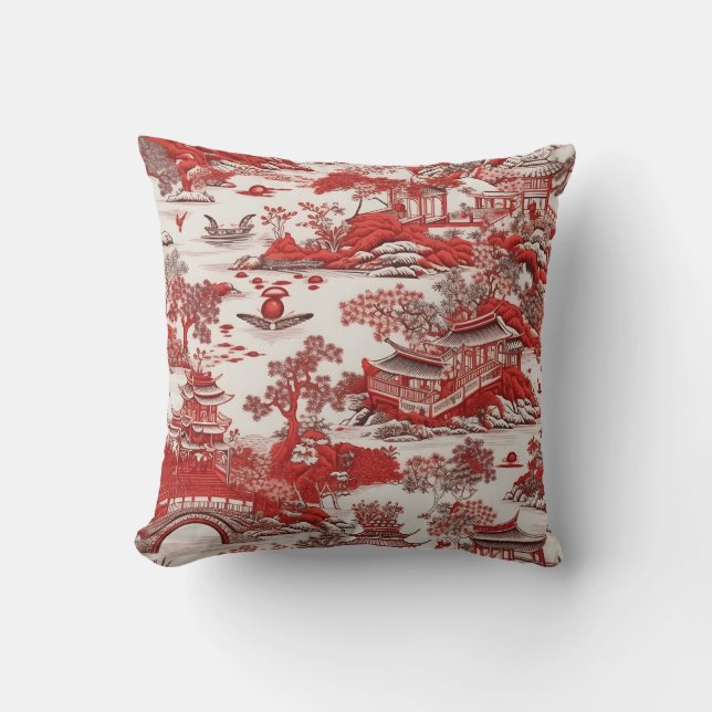 Antik Ming China Blue and Red Chinoiserie Throw Pillow (Front)