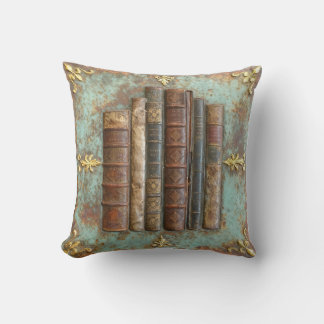 Antike Bücher auf Türkis-Goldener Metallplatte | Throw Pillow