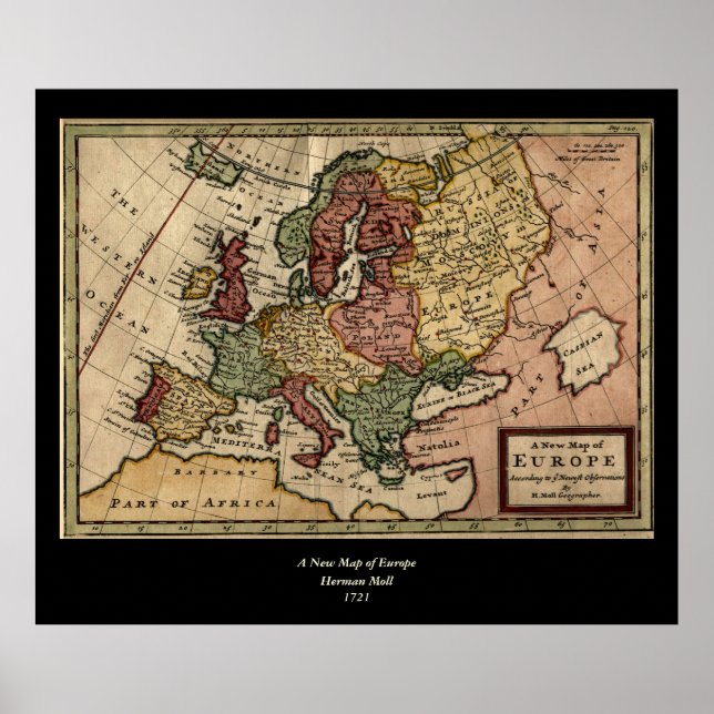 Antiquarian 1721 Map of Europe by Herman Moll Poster (Front)
