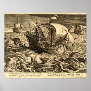 Antique 1590 Ships And Sea Monsters Poster