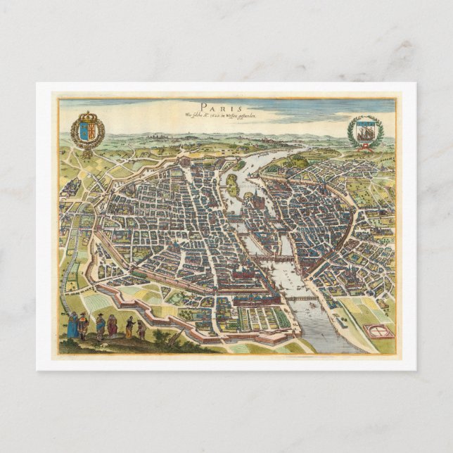 Antique 1620 Map of Paris, France, Postcard (Front)