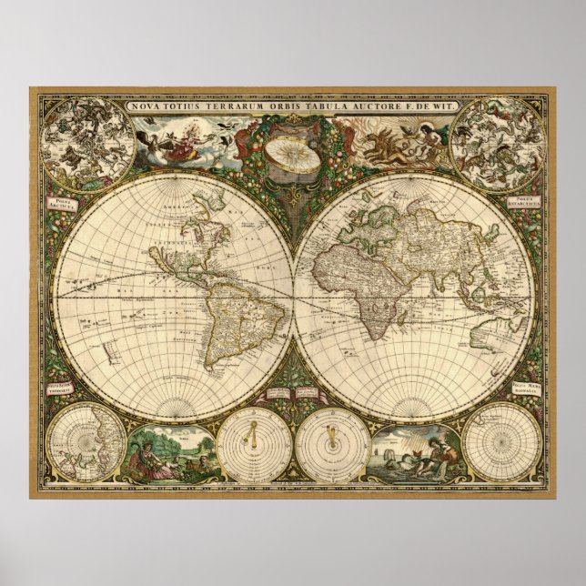 Antique 1660 World Map by Frederick de Wit Poster (Front)