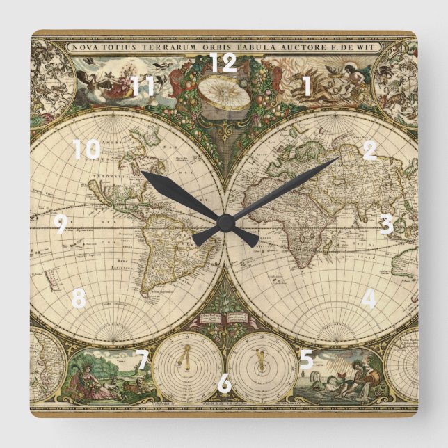 Antique 1660 World Map by Frederick de Wit Square Wall Clock (Front)