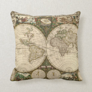 Antique 1660 World Map by Frederick de Wit Throw Pillow