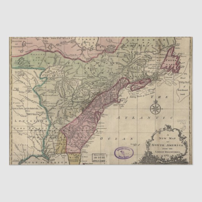Antique 1763 North America Map, Restored Decoupage Tissue Paper (Front)