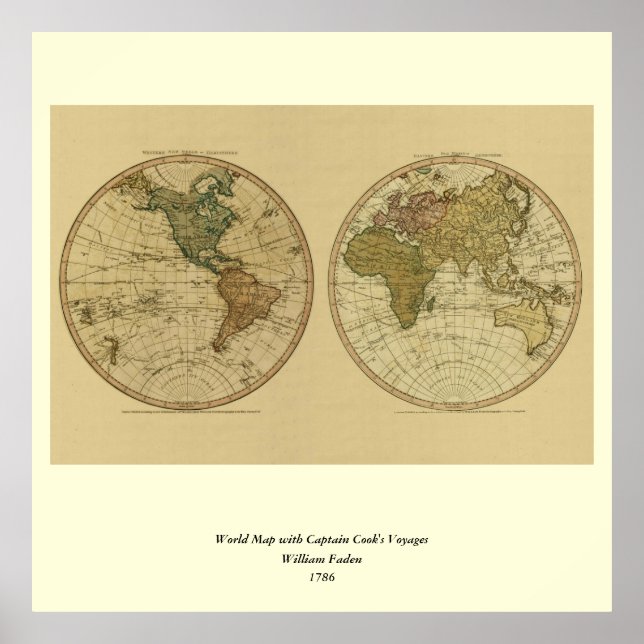 Antique 1786 World Map by William Faden Poster (Front)