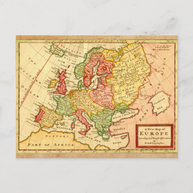Antique 17th Century Herman Moll Map of Europe Postcard (Front)