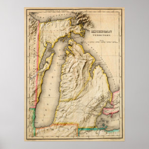 Antique 1822 Michigan Map with Modern Relief Poster