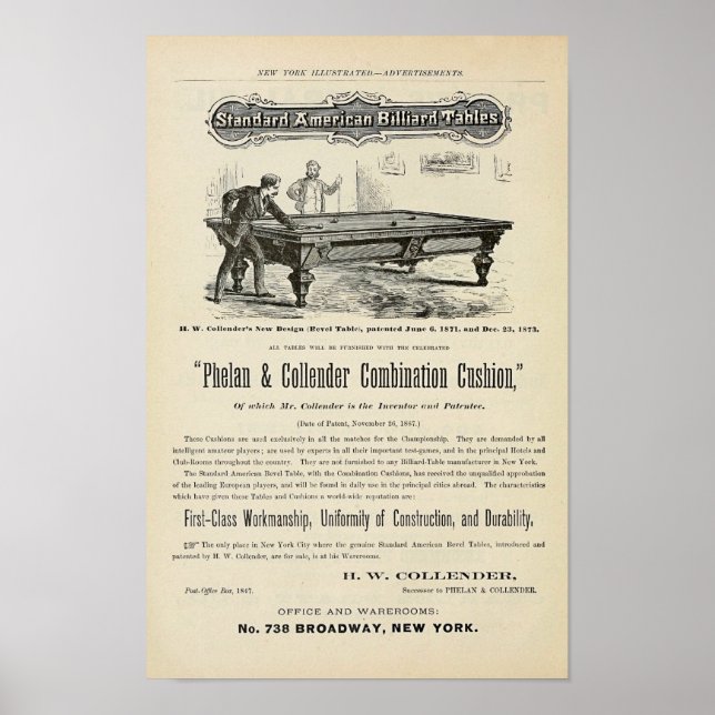 Antique 1874 Billiard Tables ad Poster (Front)