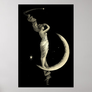 Antique 1889 Woman On Crescent Moon Poster