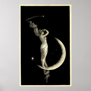 Antique 1889 Woman On Crescent Moon Poster