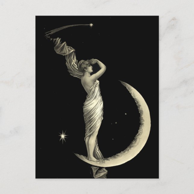 Antique 1889 Woman On Crescent Moon Print Postcard (Front)