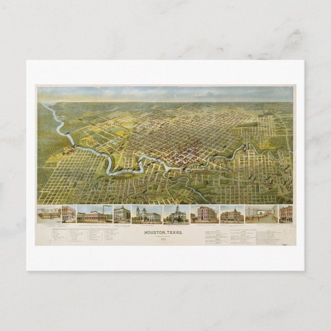 Antique 1891 Map of Houston, Texas, Postcard (Front)