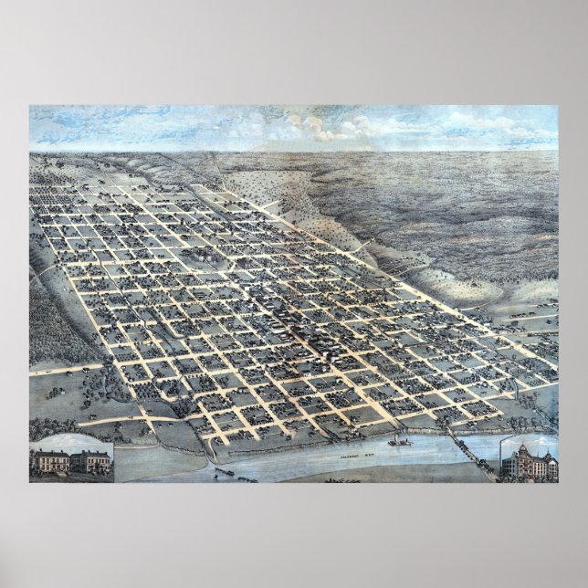 Antique Aerial City Map of Austin, Texas, 1873 Poster (Front)