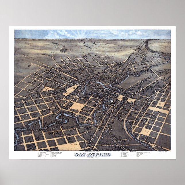 Antique Aerial City Map of San Antonio, Texas 1873 Poster (Front)