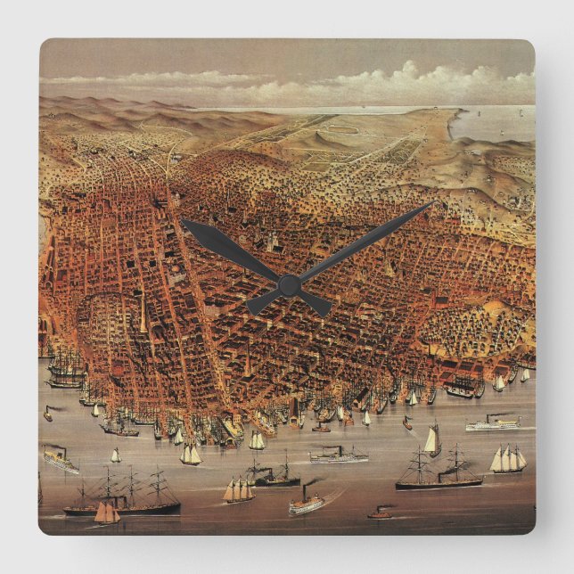 Antique Aerial Map of San Francisco, California Square Wall Clock (Front)