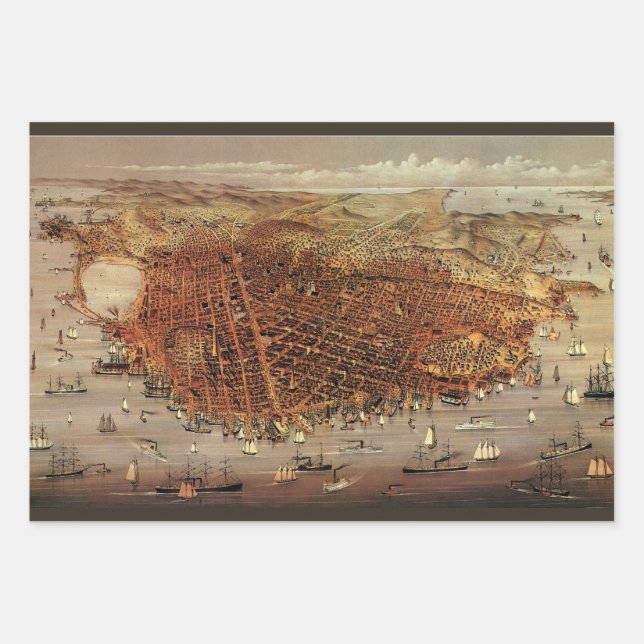 Antique Aerial Map of San Francisco, California Wrapping Paper Sheet (Front)
