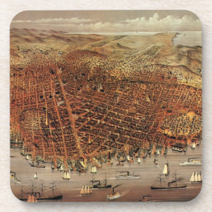 Antique Aerial Map, San Francisco City, California Coaster
