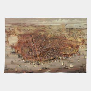 Antique Aerial Map, San Francisco City, California Kitchen Towel