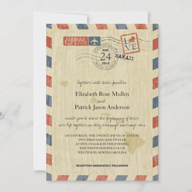 Antique Airmail Hawaii Wedding Invitation (Front)