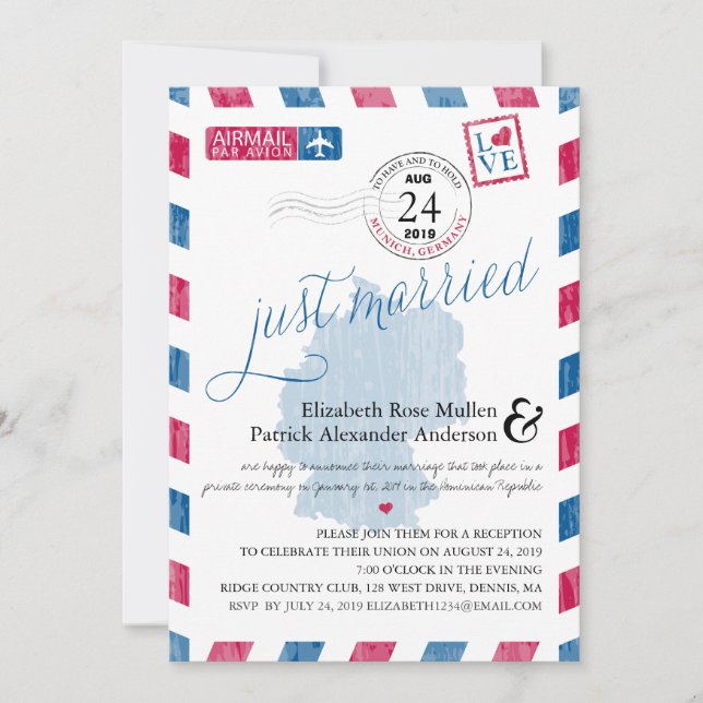 Antique Airmail Just Married Post Reception Invitation (Front)