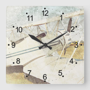 Antique Airplane Biplane Retro Square Wall Clock