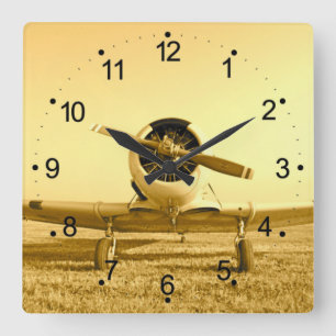 Antique Airplane Golden Yellow Propeller Square Wa Wall Clock