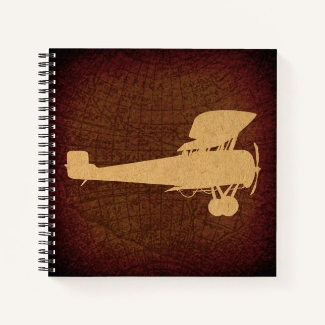 Antique Airplane Silhouette Plane & Brown Map Art Notebook (Front)