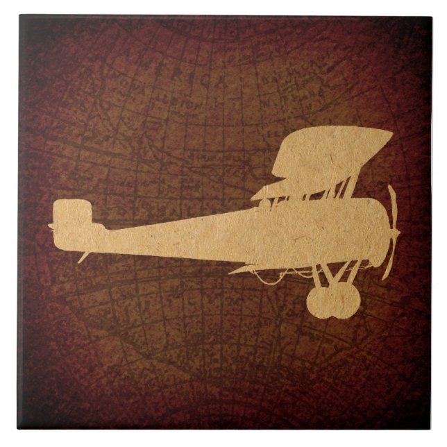 Antique Airplane Silhouette Plane & Brown Map Art Tile (Front)