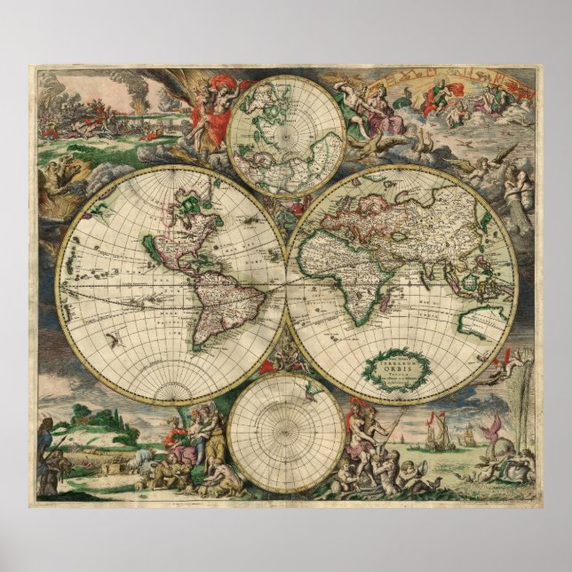 Antique Antique carte du monde Poster (Devant)