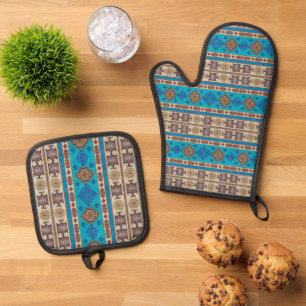 Antique Aqua Blue Pale Gold Kilim Turkish Rug Oven Mitt & Pot Holder Set