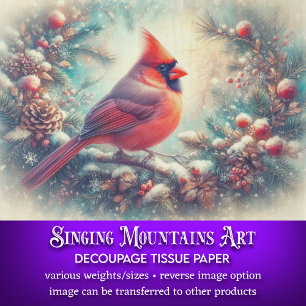 Antique Art Cardinal in Snowy Forest Decoupage Tissue Paper