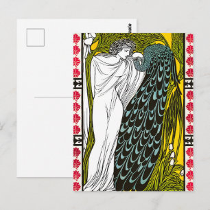 Antique Art Nouveau Woman and Peacock Poster Postcard