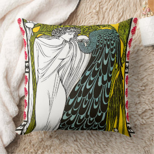 Antique Art Nouveau Woman and Peacock Poster Throw Pillow