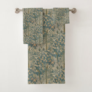 Antique Arts and Crafts Teal Parrot Wallpaper Bath Towel Set