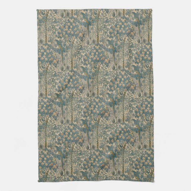 Antique Arts and Crafts Teal Parrot Wallpaper Kitchen Towel (Vertical)