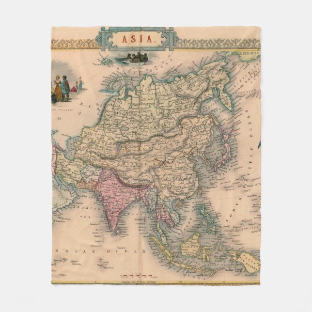 Antique Asia Map in Sepia with Pastel Regions Fleece Blanket (Front)