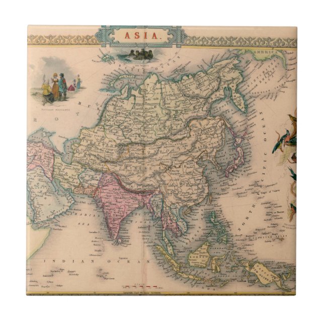 Antique Asia Map in Sepia with Pastel Regions Tile (Front)