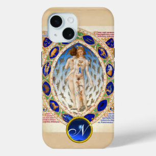ANTIQUE ASTROLOGY,ZODIACAL SIGNS BLUE GEM MONOGRAM iPhone 15 CASE