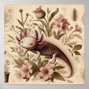 Antique Axolotl Drawing With Aquatic Florals Label Poster