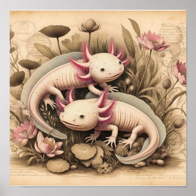 Antique Axolotl Poster with Scientific Plant  (Devant)