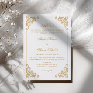 Antique Baroque Frame Gold White Muslim Wedding Invitation