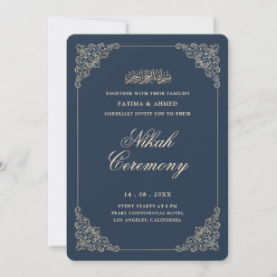 Antique Baroque Frame Navy Blue Nikah Ceremony Invitation