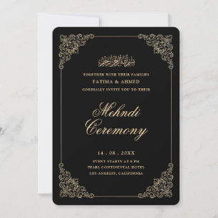 Antique Baroque Gold Script Black Mehndi Ceremony Invitation
