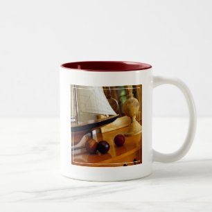 Antique Baseballs On A Table By A Model Sailboat Two-Tone Coffee Mug